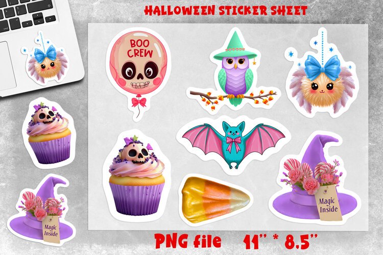 Pastel Halloween stickers sheet Bat, witch hat, spider png example image 1