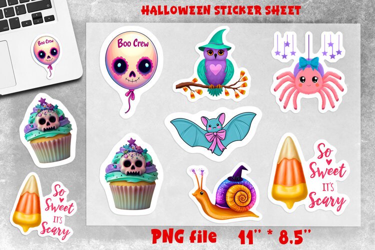 Pastel Halloween stickers sheet Bat, spider, owl, cupcake example image 1