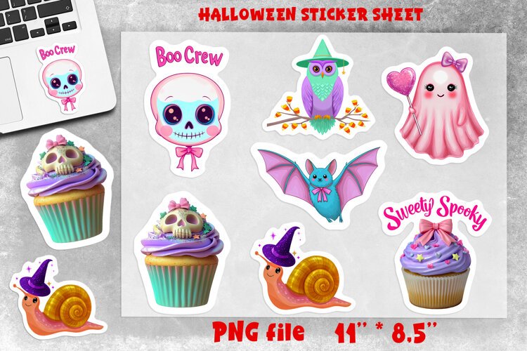 Pastel Halloween stickers sheet Bat, spider, owl, ghost png example image 1