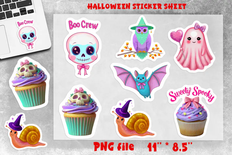 Pastel Halloween stickers sheet Bat, spider, owl, ghost png
