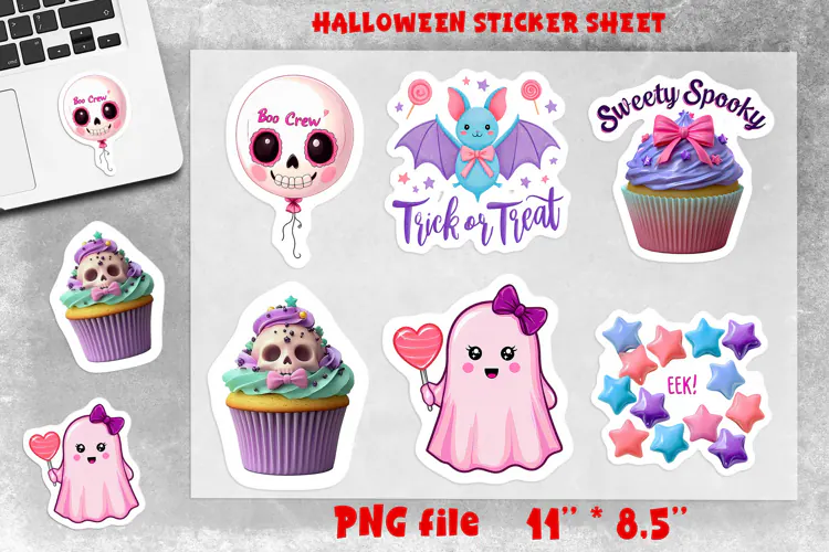 Pastel Halloween stickers sheet Bat, ghost, cupcake PNG