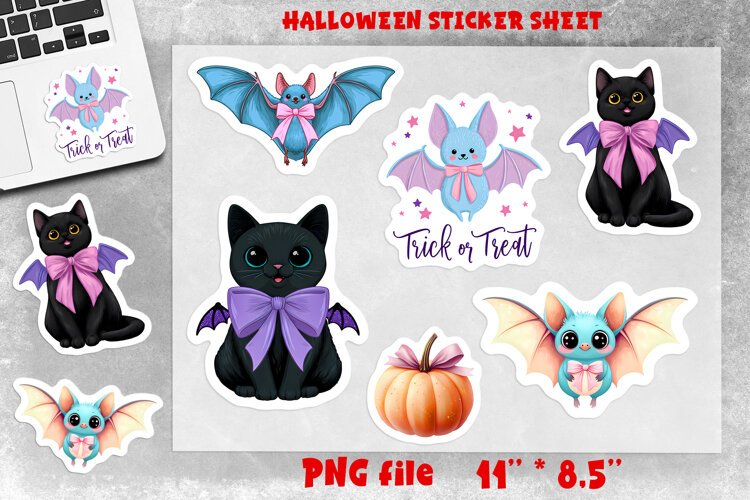Pastel Halloween stickers sheet Black cat, cute bat, pumpkin example image 1