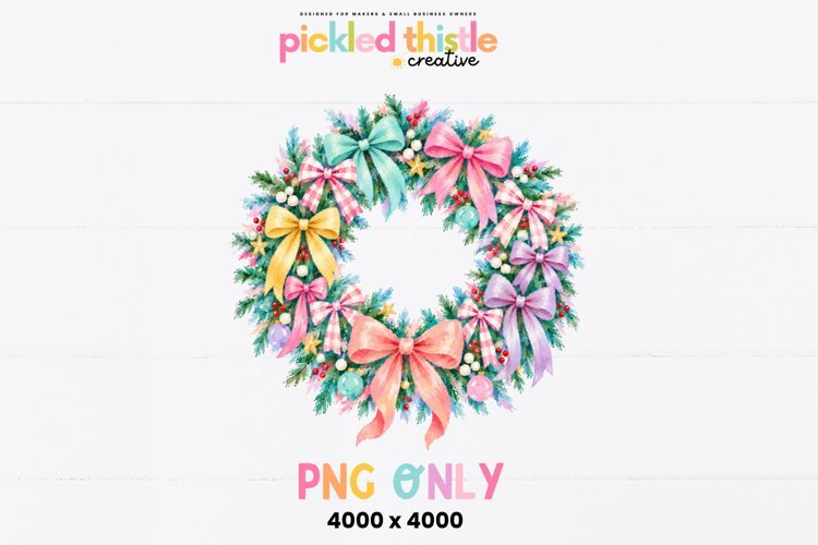 Colorful Christmas Wreath PNG, Pastel Holiday Wreath example image 1