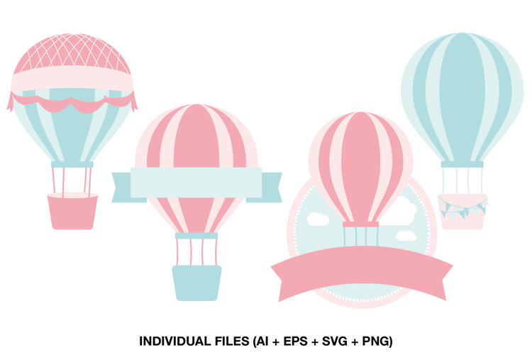 Pastel hot air balloon clipart collection in soft pink and blue colors