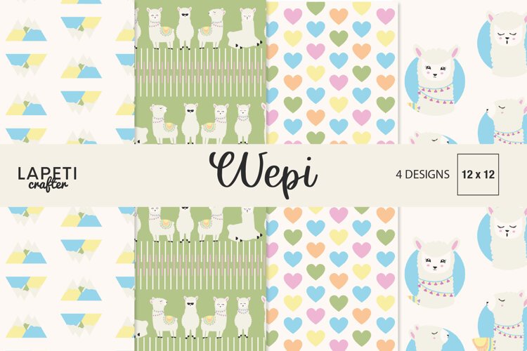 Pastel llama digital papers with cute animals hearts and mountain patterns