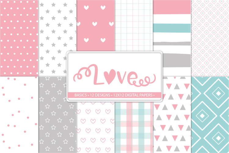 Pastel basics digital papers in pink grey mint