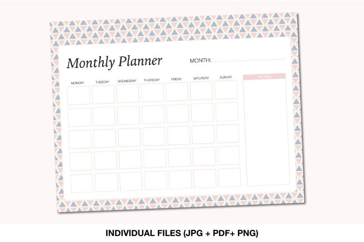 Printable undated monthly planner with pastel pink and blue geometric border and notes section