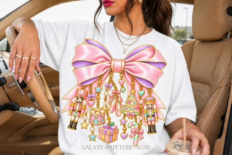 Pastel Nutcracker Bow PNG with Pink Ballet Charms