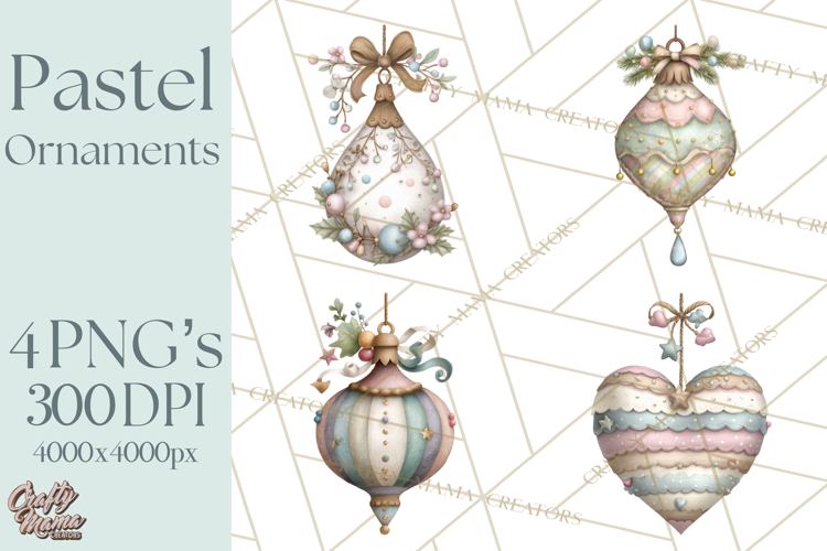 Pastel Christmas Ornaments Watercolor PNG