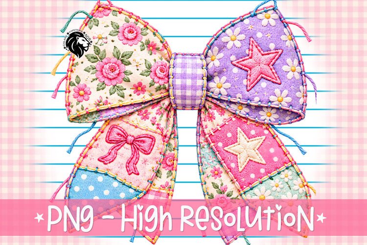 Pastel Patchwork Bow PNG | Floral Stitched Fabric example image 1