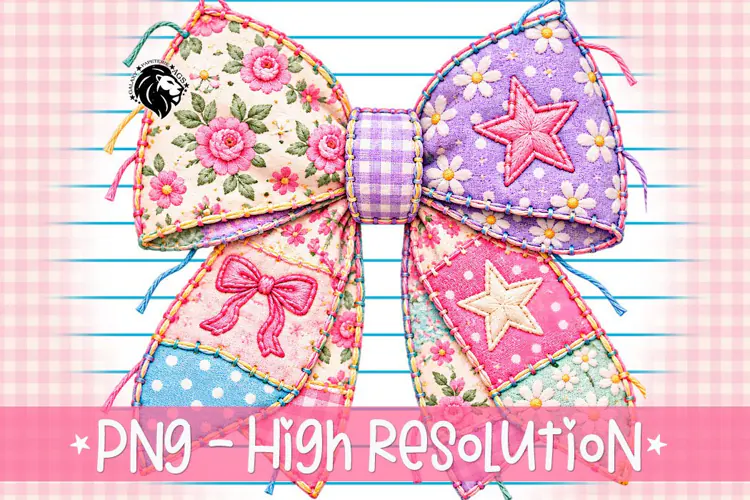 Pastel Patchwork Bow PNG | Floral Stitched Fabric