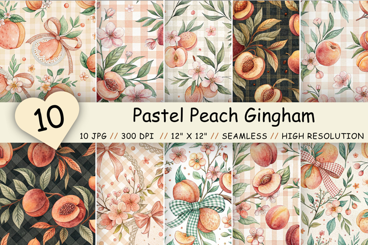 Pastel Peach Gingham Digital Paper, Seamless Watercolor