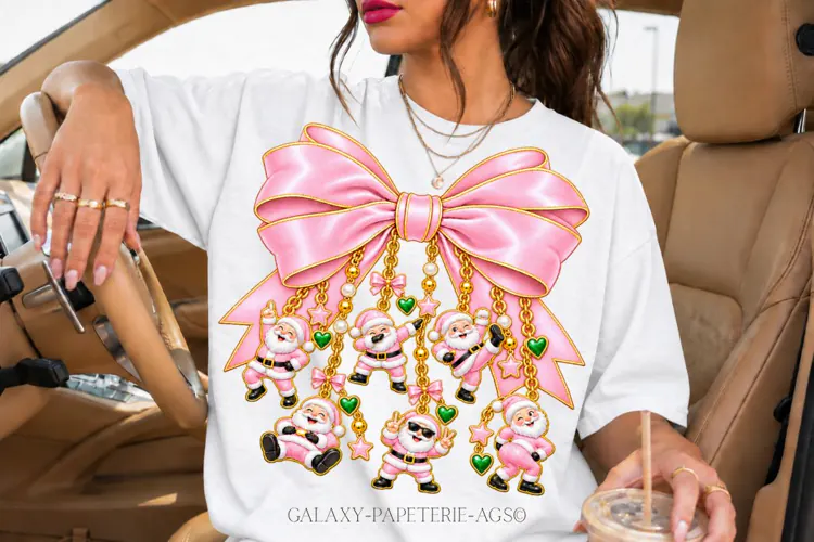 Pastel Pink Santa Bow PNG with Funny Christmas Charms