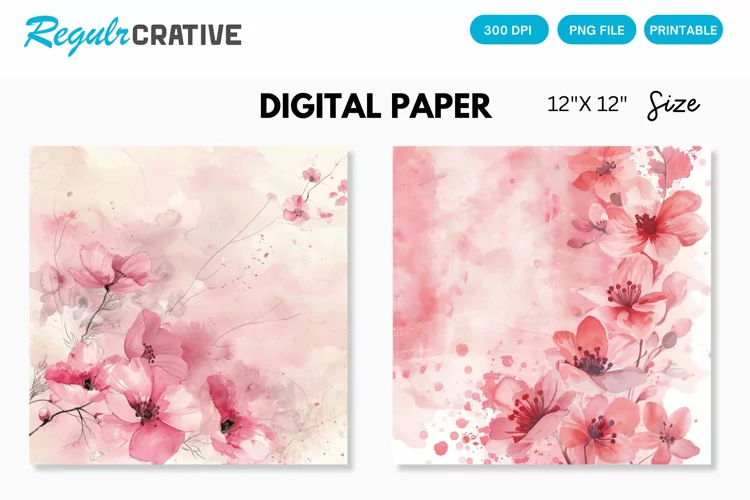 Pastel Pink Watercolor Flowers Seamless Digital Paper