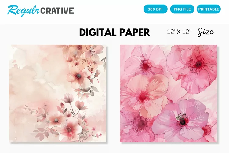 Pastel Pink Watercolor Flowers Seamless Digital Paper