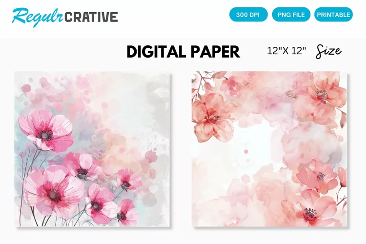Pastel Pink Watercolor Flowers Seamless Digital Paper