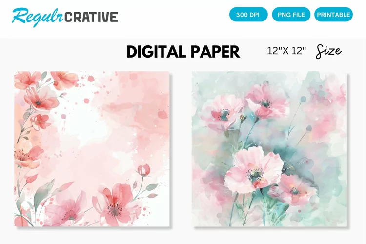 Pastel Pink Watercolor Flowers Seamless Digital Paper