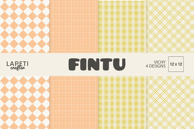 Four pastel digital papers with peach and yellow plaid, gingham, grid and diamond patterns