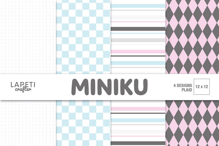 Four pastel digital paper designs featuring blue gingham, pink and gray diamonds, soft stripes and delicate graph paper for baby scrapbooking.