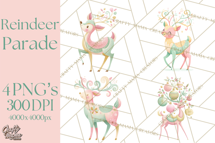 Pastel Reindeer PNG, Mid Century Christmas Clipart