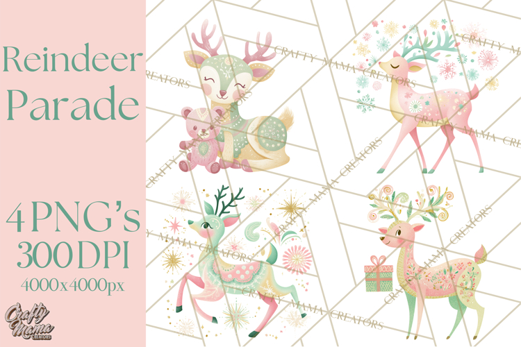 Pastel Reindeer PNG, Mid Century Christmas Clipart