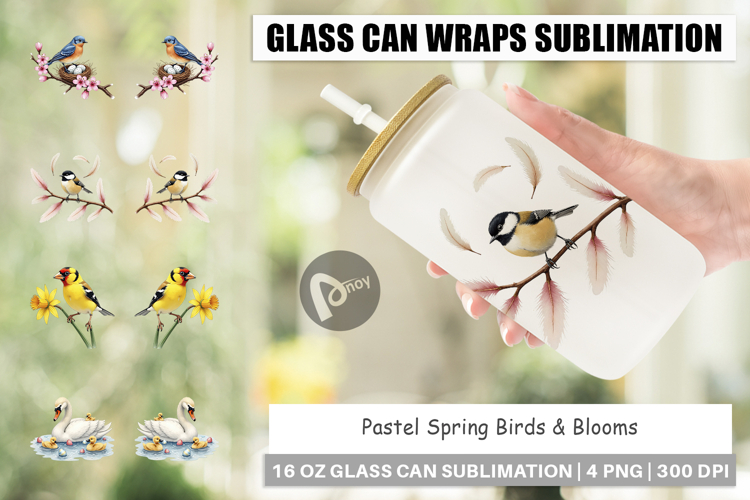 Pastel Spring Birds & Blooms Glass Can