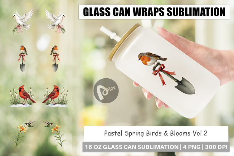 Pastel Spring Birds & Blooms Glass Can