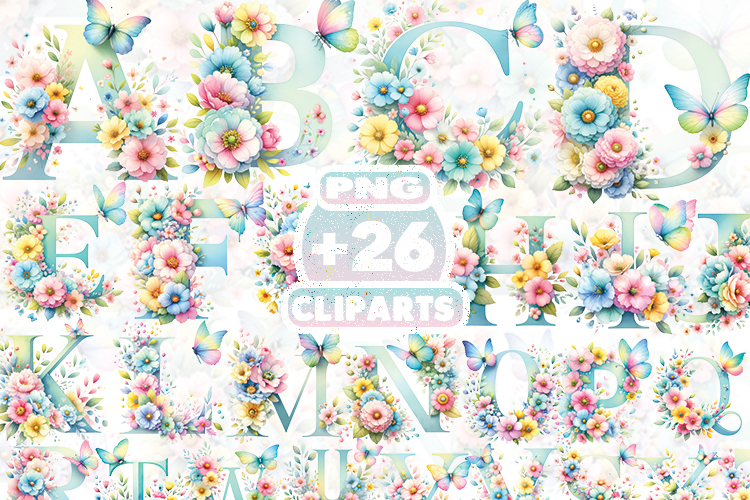 Pastel Spring Floral Alphabet Clipart, Watercolor Flower PNG