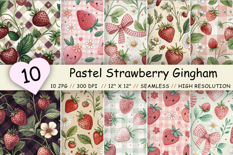 Pastel Strawberry Gingham Digital Paper, Seamless Watercolor