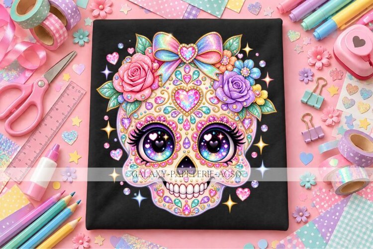 Pastel Sugar Skull PNG, Dia de Muertos Rhinestone Effect