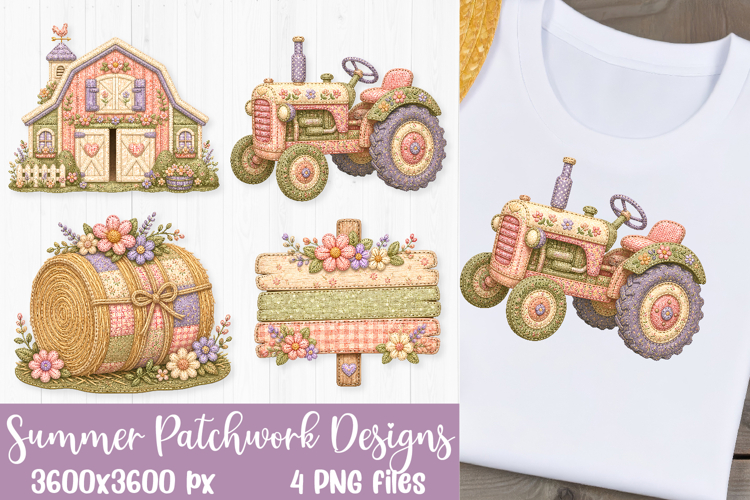 Pastel summer patchwork bundle featuring a farmhouse barn, vintage tractor, rolled rug, and floral sign for sublimation and DTF printing.