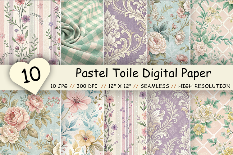 Pastel Toile Digital Paper Pack, Vintage Floral Toile