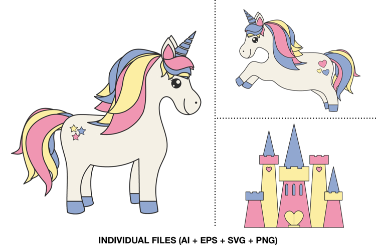 Unicorn Clipart, Pastel Unicorns and Castle Illustrations