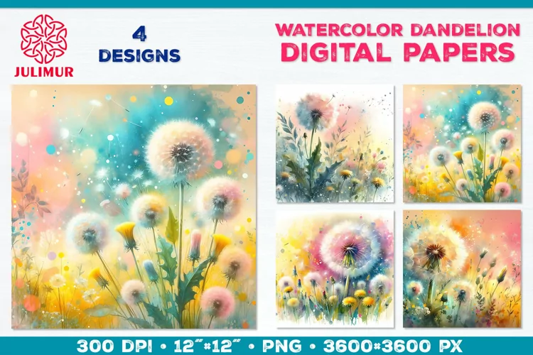 Whimsical Dandelion Meadow Digital Paper. Watercolor Flower