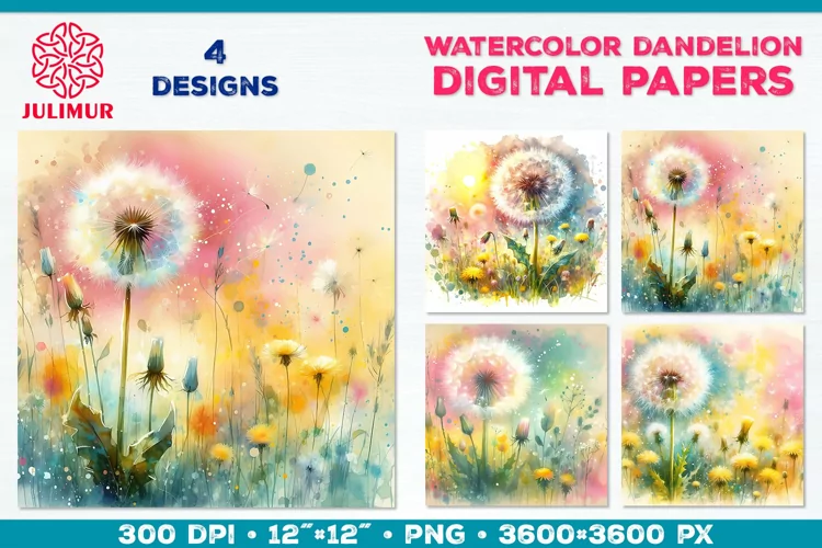Whimsical Dandelion Meadow Digital Paper. Watercolor Flower
