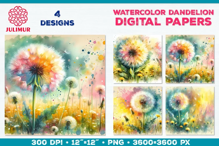 Whimsical Dandelion Meadow Digital Paper. Watercolor Flower