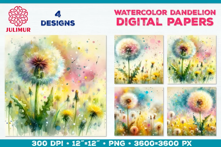 Whimsical Dandelion Meadow Digital Paper. Watercolor Flower
