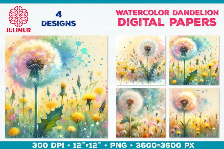 Whimsical Dandelion Meadow Digital Paper. Watercolor Flower