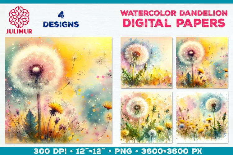 Whimsical Dandelion Meadow Digital Paper. Watercolor Flower