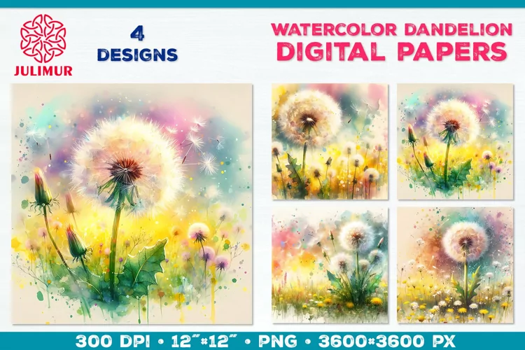 Whimsical Dandelion Meadow Digital Paper. Watercolor Flower