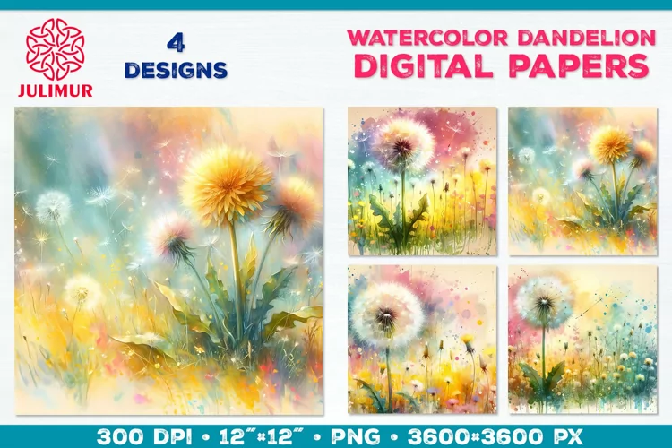 Whimsical Dandelion Meadow Digital Paper. Watercolor Flower