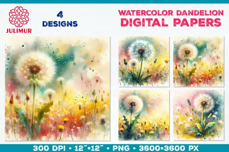 Whimsical Dandelion Meadow Digital Paper. Watercolor Flower