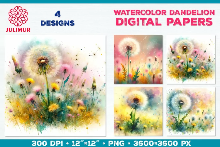 Whimsical Dandelion Meadow Digital Paper. Watercolor Flower