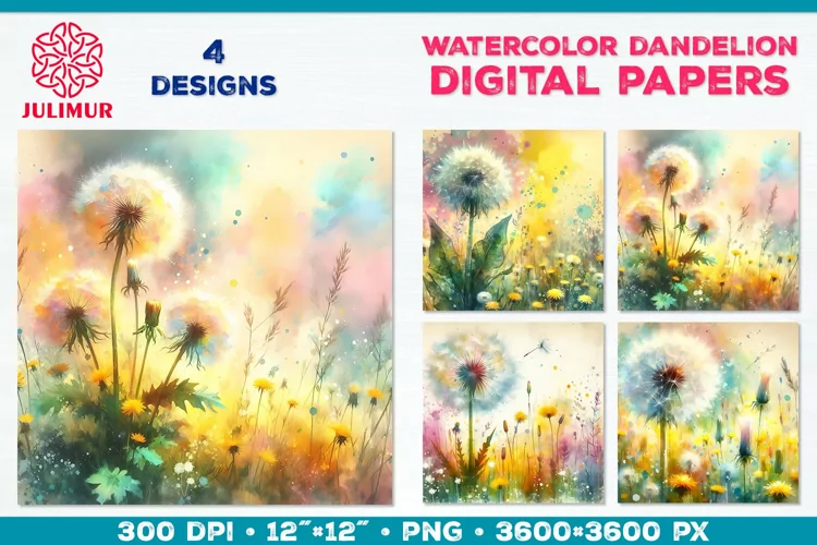 Whimsical Dandelion Meadow Digital Paper. Watercolor Flower