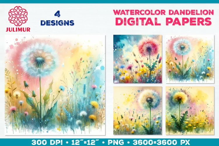 Whimsical Dandelion Meadow Digital Paper. Watercolor Flower