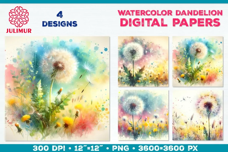 Whimsical Dandelion Meadow Digital Paper. Watercolor Flower