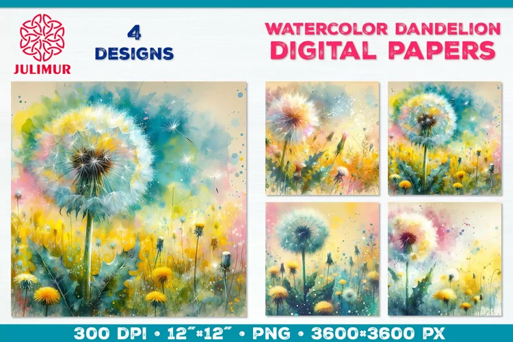 Whimsical Dandelion Meadow Digital Paper. Watercolor Flower