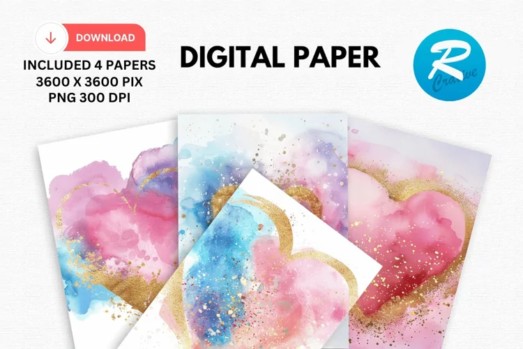Pastel Watercolor Heart Digital Paper, Pastel Background