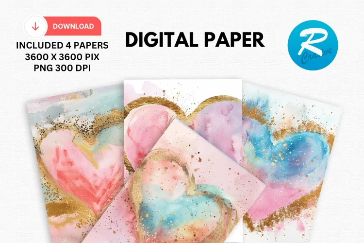 Pastel Watercolor Heart Digital Paper, Pastel Background