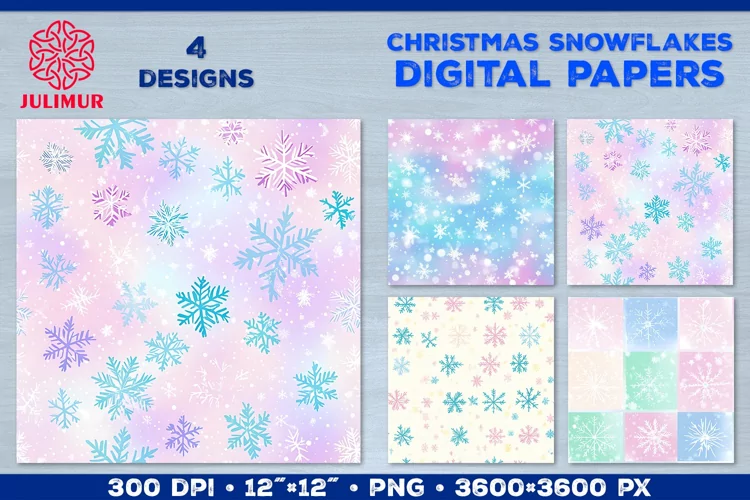 Pastel Watercolor Snowflake Digital Paper. Christmas Paper